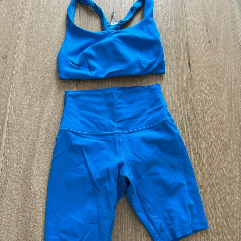 Lululemon Vibrant Blue Sports Bra and Biker Shorts Set